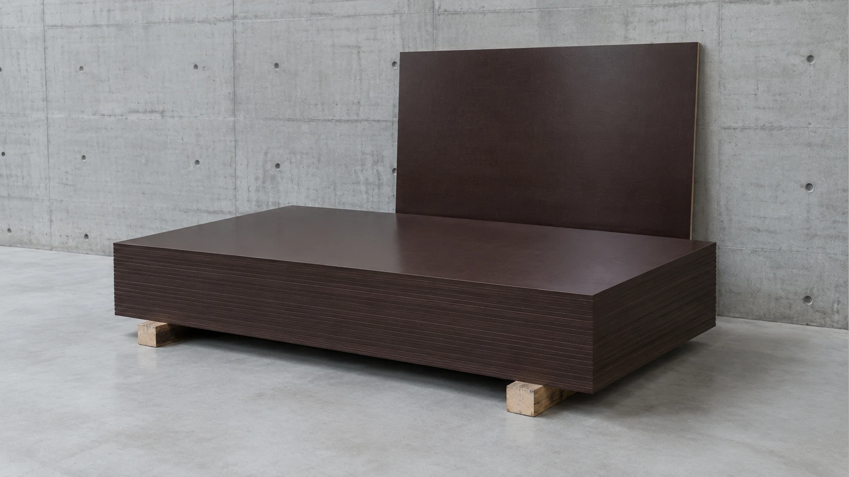 Stack of film-faced plywood panels with dark brown film on a grey concrete floor, one panel leaning against a board-formed concrete wall