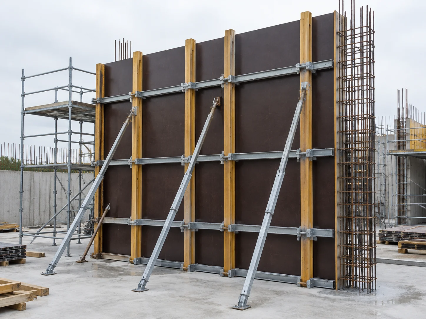 Wall form under assembly: brown-film plywood panels on timber beams and steel walers, braced with props